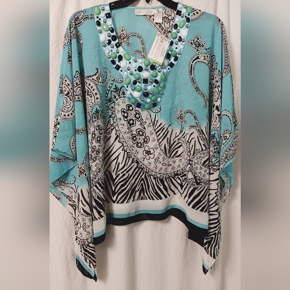 Soft Surroundings One Size Exquisite Persian Paisley Poncho Tunic Top Beaded